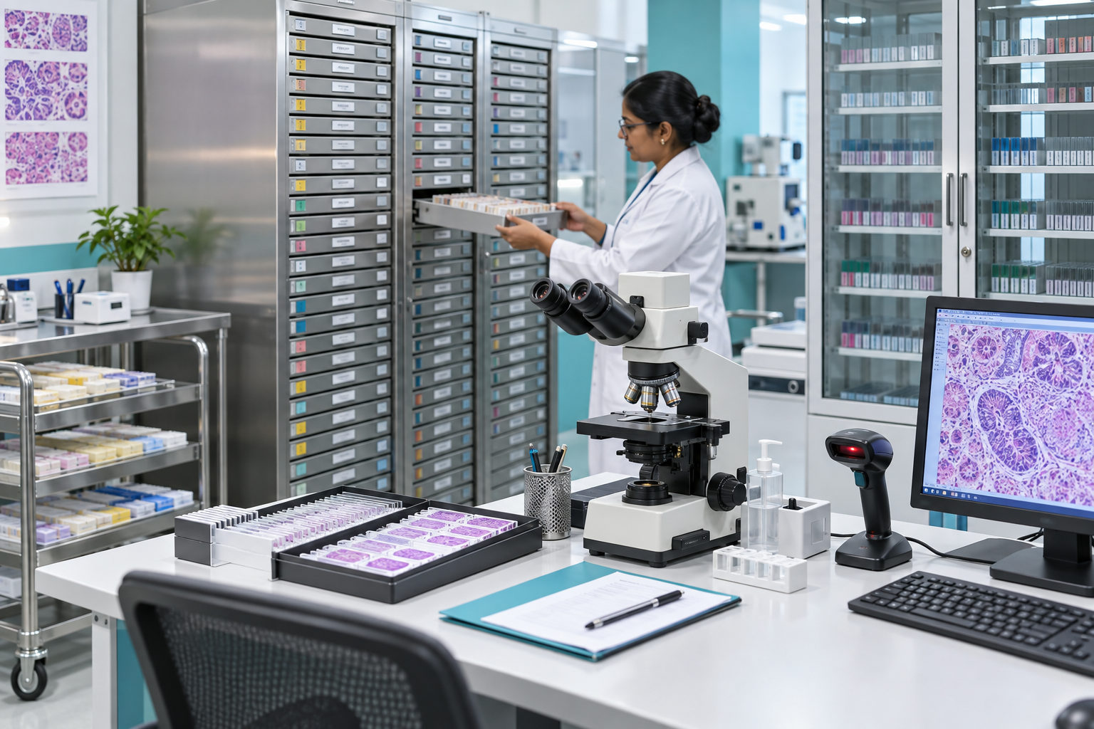 Pathologist retrieving slides from the archive cabinet beside a reporting microscope