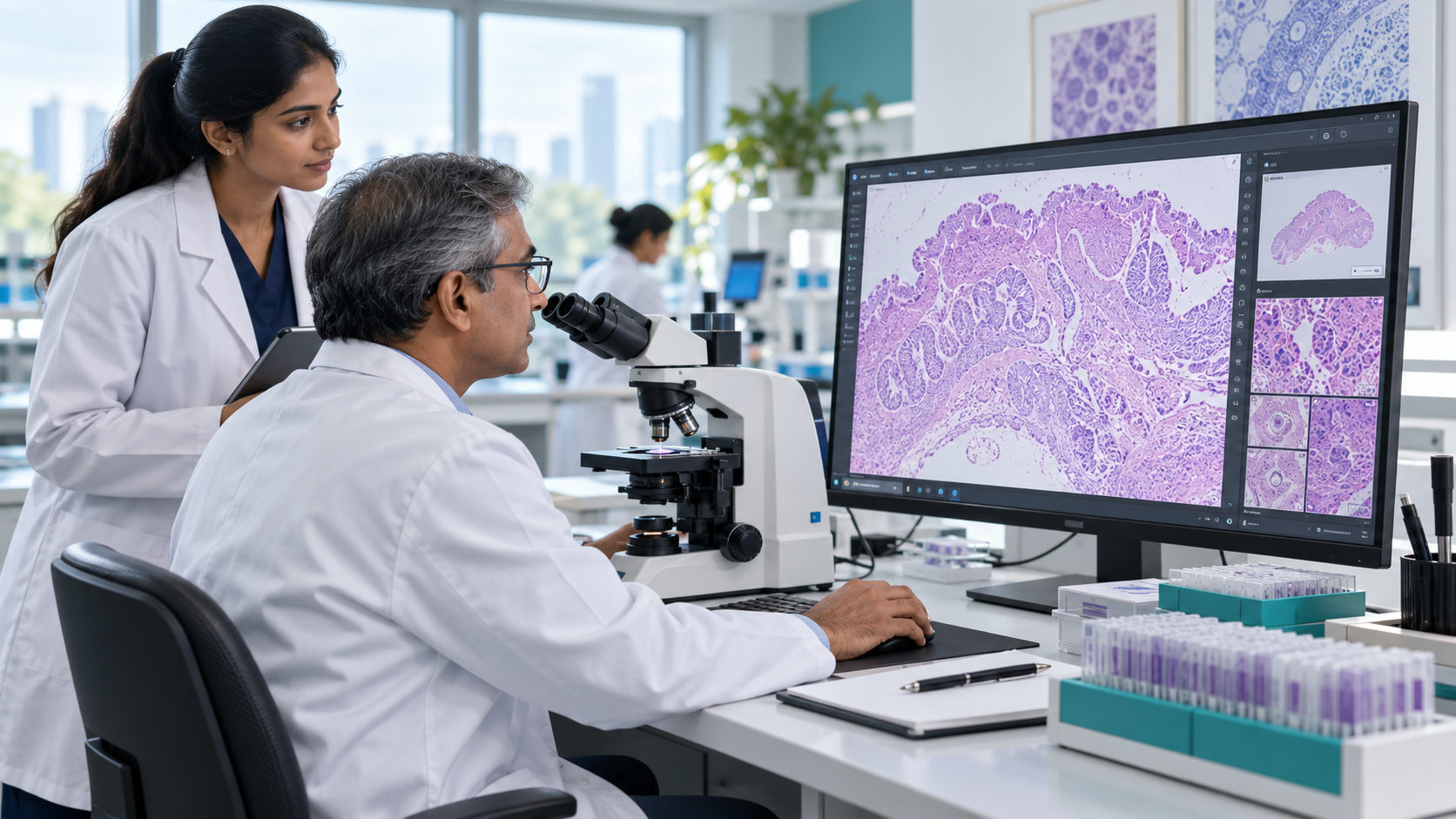 Pathologist reviewing a whole-slide image on a large display beside the microscope in the Unimeditrek LIS