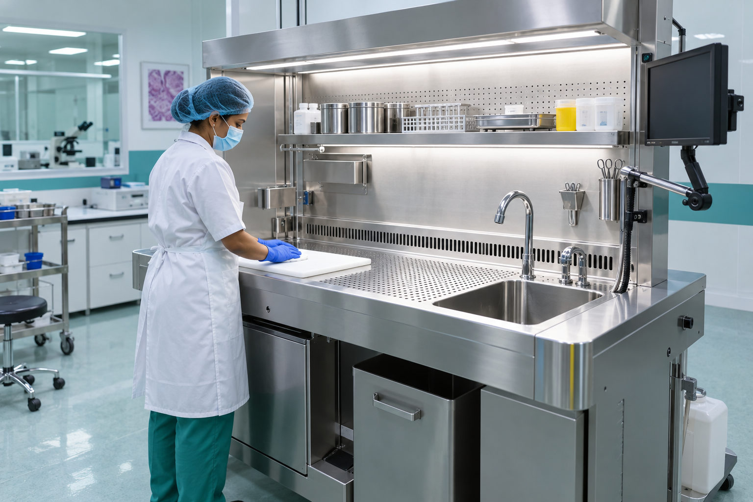 Grossing station in a histopathology laboratory