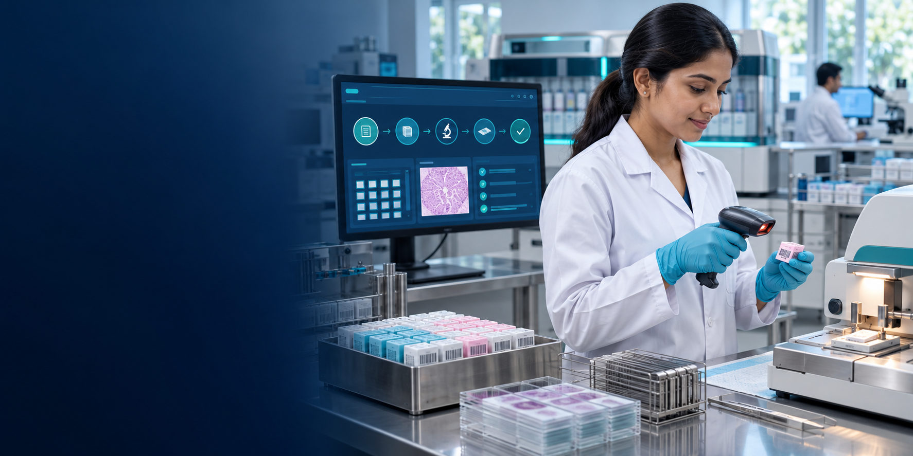 Histopathology technician scanning a cassette barcode into the Unimeditrek LIS at the bench, with the case workflow live on screen